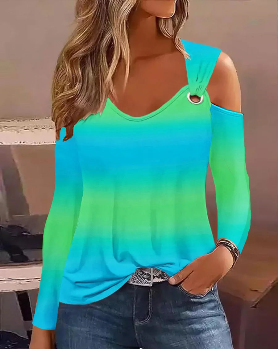Mode femme Blouse 2023 printemps Denim Look imprimé épaule froide oeillet décontracté à manches longues quotidien T-Shirt haut Y2K vêtements