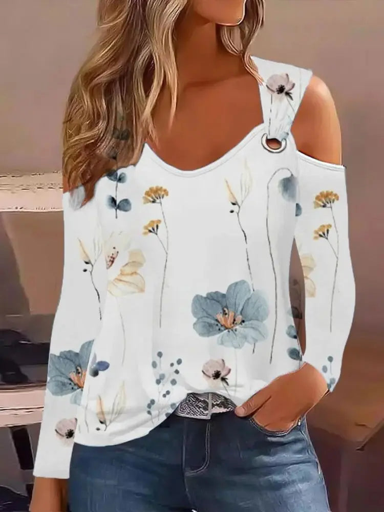 Mode femme Blouse 2023 printemps Denim Look imprimé épaule froide oeillet décontracté à manches longues quotidien T-Shirt haut Y2K vêtements