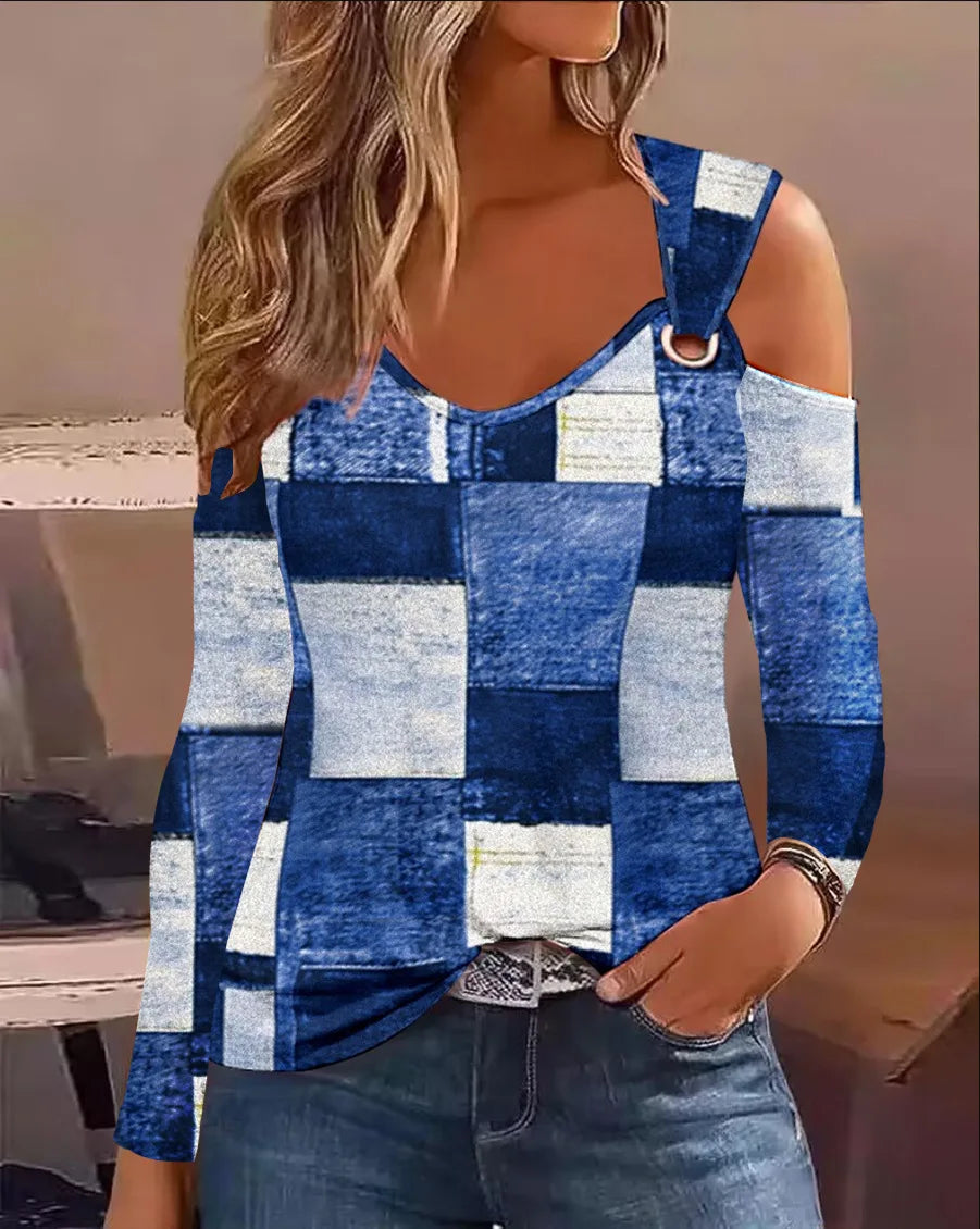 Mode femme Blouse 2023 printemps Denim Look imprimé épaule froide oeillet décontracté à manches longues quotidien T-Shirt haut Y2K vêtements