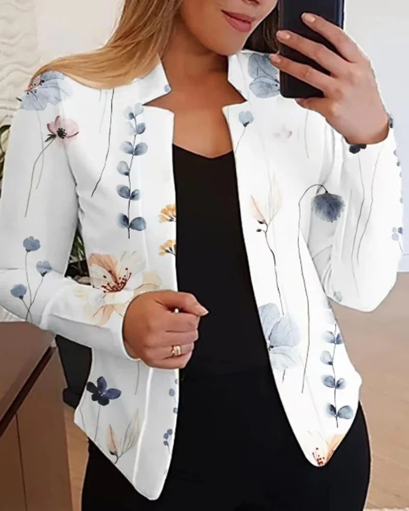 Terno imprimé blazer de gola alta para senhoras, jaquetas de manga comprida, coupe slim, alfaiate de lazer, jaquetas de escritór