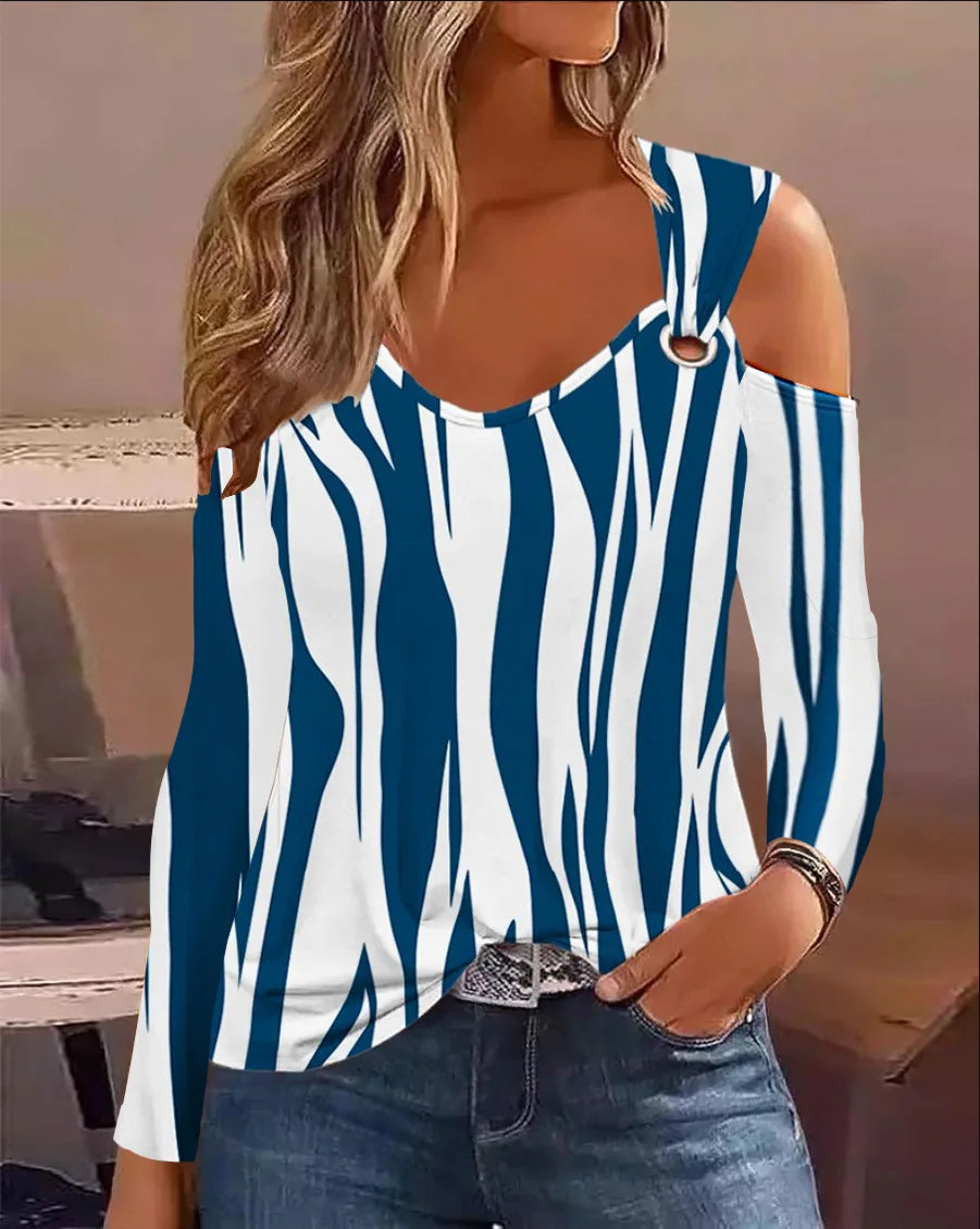 Mode femme Blouse 2023 printemps Denim Look imprimé épaule froide oeillet décontracté à manches longues quotidien T-Shirt haut Y2K vêtements